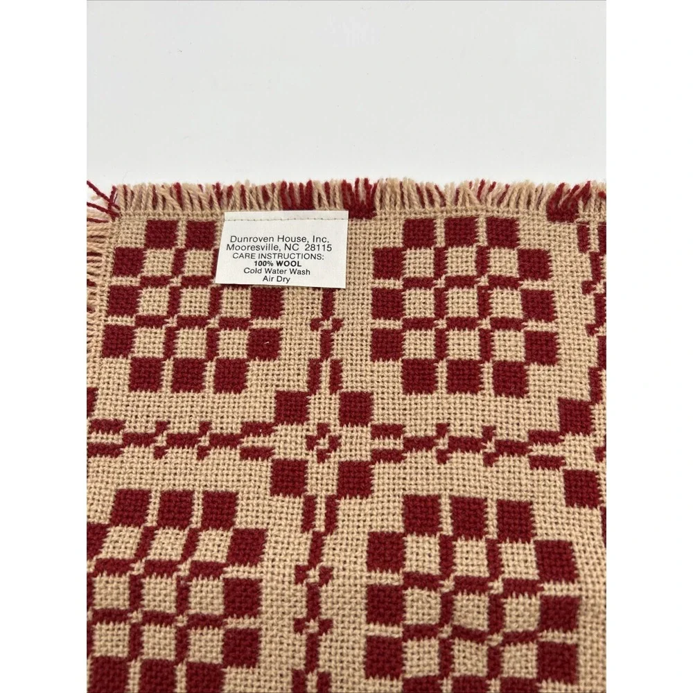 Dunroven House Table Mat 12x12 Red Cream Wool Coverlet Weave Fringe Square Small
